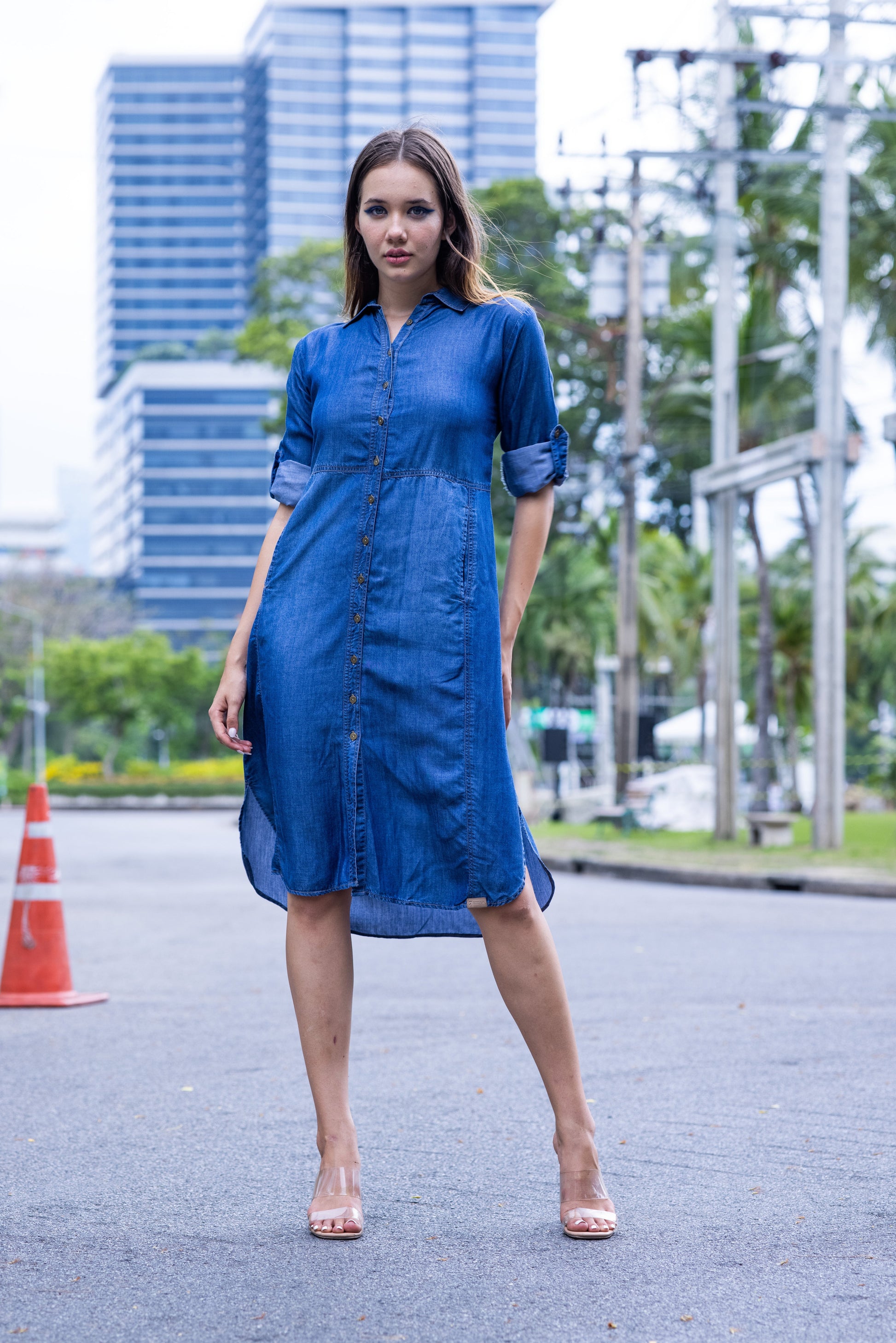 denim day dress Godet All Day Denim Dress