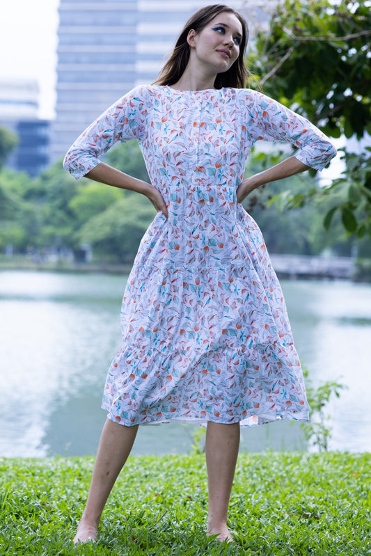 White Floral Tiered Midi Dress