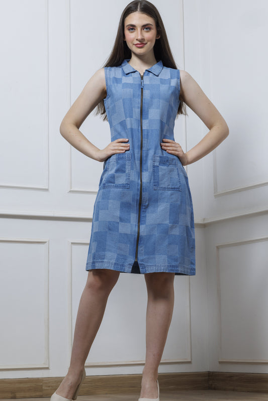 Checked Zip-Up Denim Dress - Stone Wash