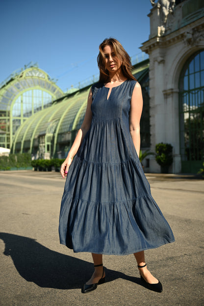 Timeless Denim Tiered Maxi Dress - Dark Wash