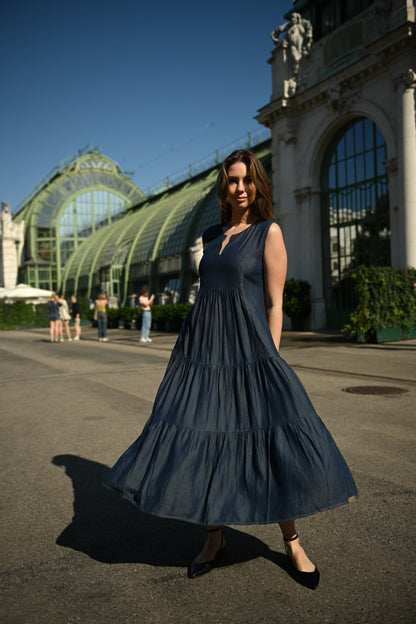 Timeless Denim Tiered Maxi Dress - Dark Wash